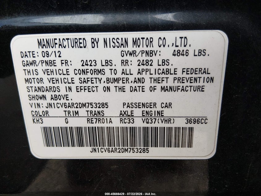 INFINITI G37X 2013 VIN JN1CV6AR2DM753285