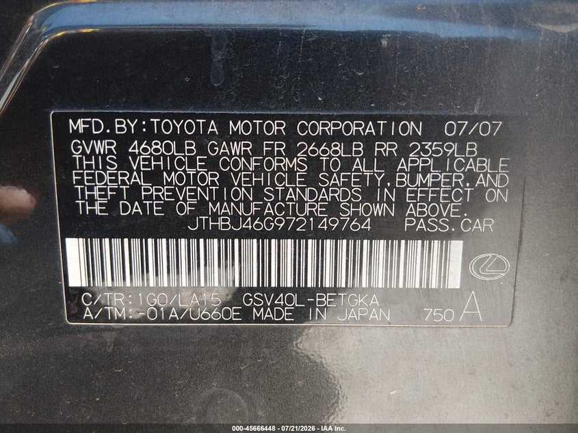 2007 Lexus Es 350 VIN: JTHBJ46G972149764 Lot: 45666448