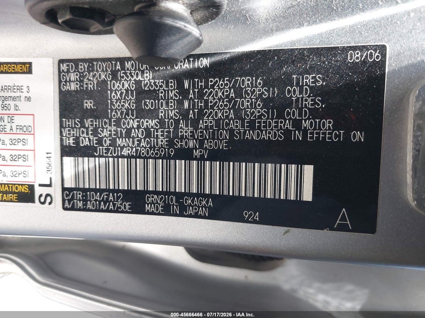 2007 Toyota 4Runner Sr5 VIN: JTEZU14R478065919 Lot: 45666466