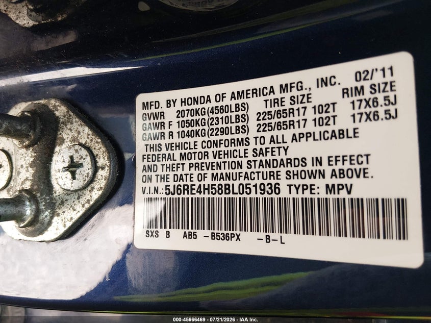 2011 Honda Cr-V Ex VIN: 5J6RE4H58BL051936 Lot: 45666469