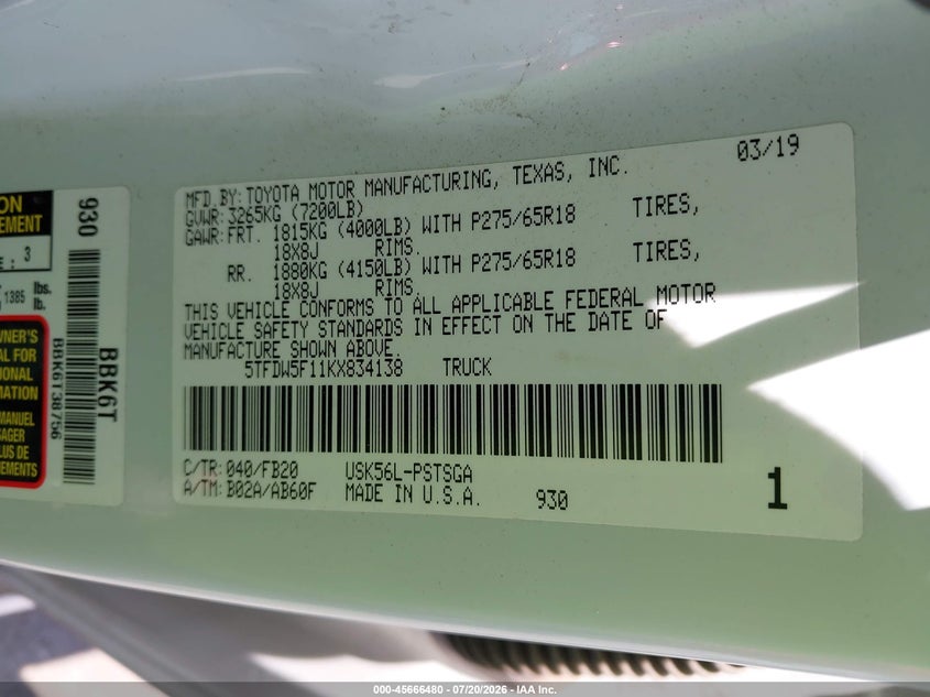 2019 Toyota Tundra Sr5 5.7L V8 VIN: 5TFDW5F11KX834138 Lot: 45666480