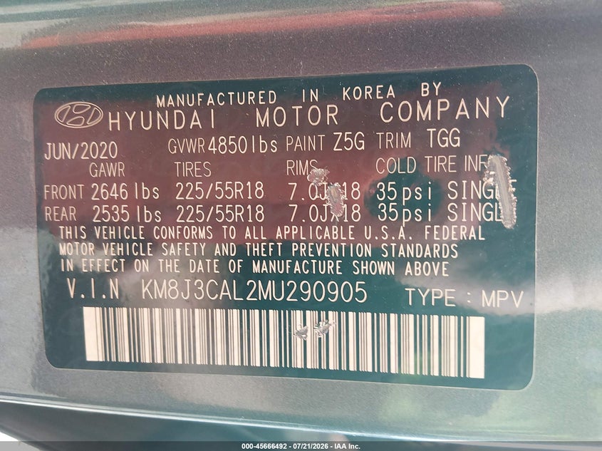 2021 Hyundai Tucson Sel VIN: KM8J3CAL2MU290905 Lot: 45666492