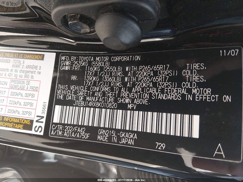 2008 Toyota 4Runner Sr5 V6 VIN: JTEBU14RX8K010820 Lot: 45666493