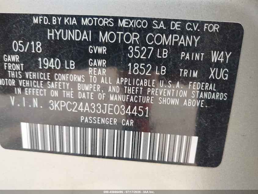 2018 Hyundai Accent Se VIN: 3KPC24A33JE034451 Lot: 45666496