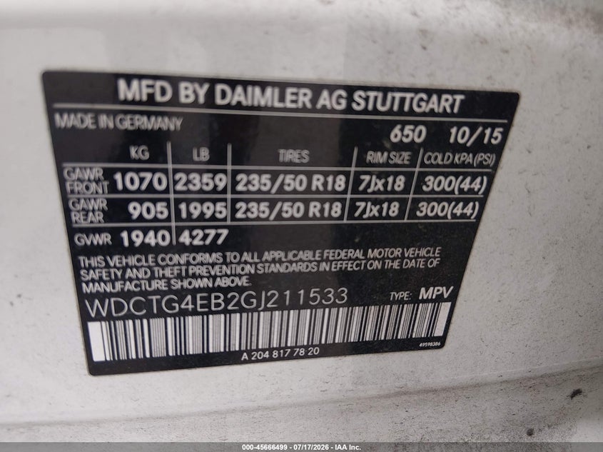 2016 Mercedes-Benz Gla 250 VIN: WDCTG4EB2GJ211533 Lot: 45666499