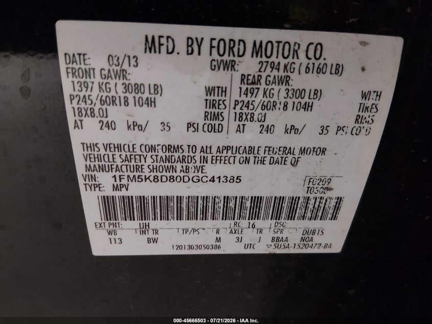 2013 Ford Explorer Xlt VIN: 1FM5K8D80DGC41385 Lot: 45666503