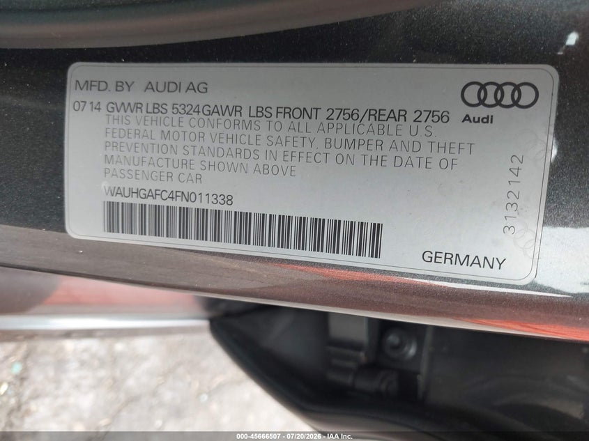 2015 Audi A6 3.0T Premium Plus VIN: WAUHGAFC4FN011338 Lot: 45666507