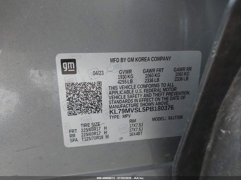 2023 Chevrolet Trailblazer Fwd Activ VIN: KL79MVSL5PB180376 Lot: 45666513