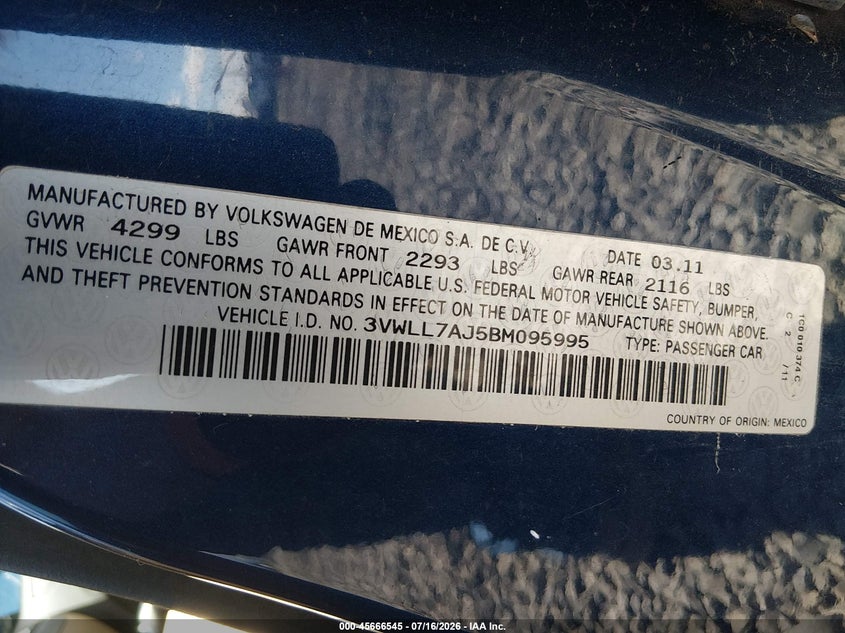 2011 VOLKSWAGEN JETTA SEDAN 2.0L I-4 DI, DOHC, TURBO, 140HP