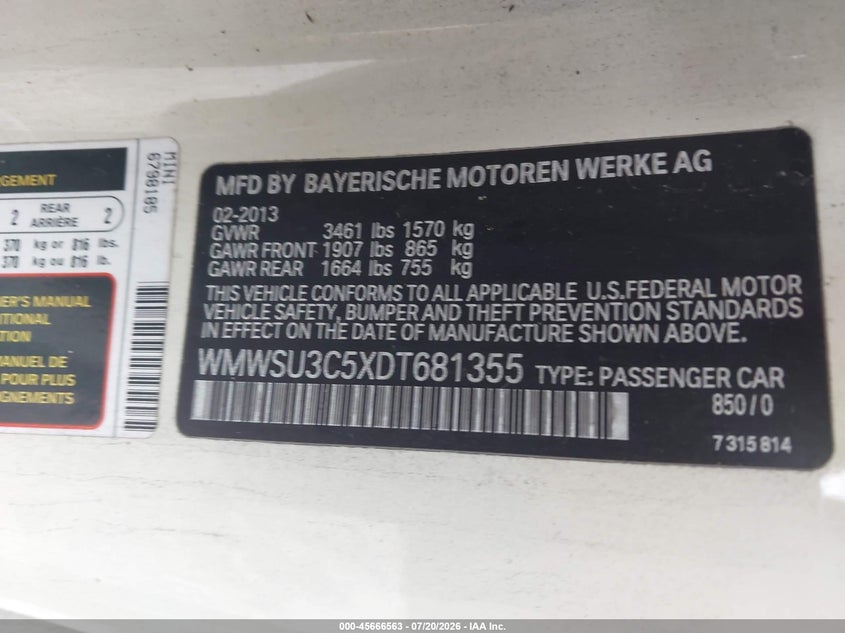 2013 Mini Hardtop Cooper VIN: WMWSU3C5XDT681355 Lot: 45666563