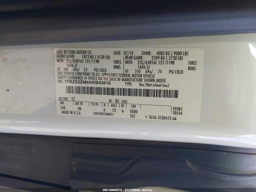 2019 Ford Transit-350 Xl VIN: 1FBZX2ZM6KKB43616 Lot: 45666570
