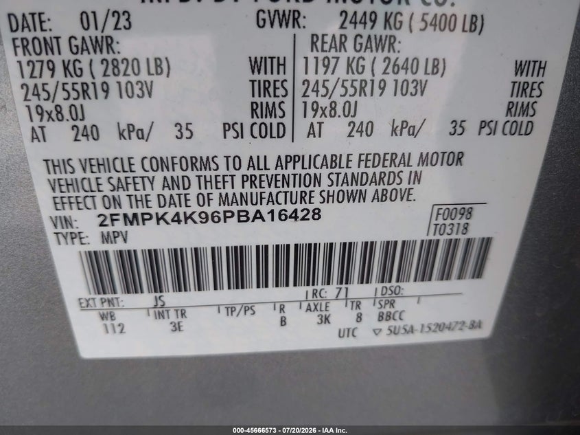 2023 Ford Edge Titanium VIN: 2FMPK4K96PBA16428 Lot: 45666573