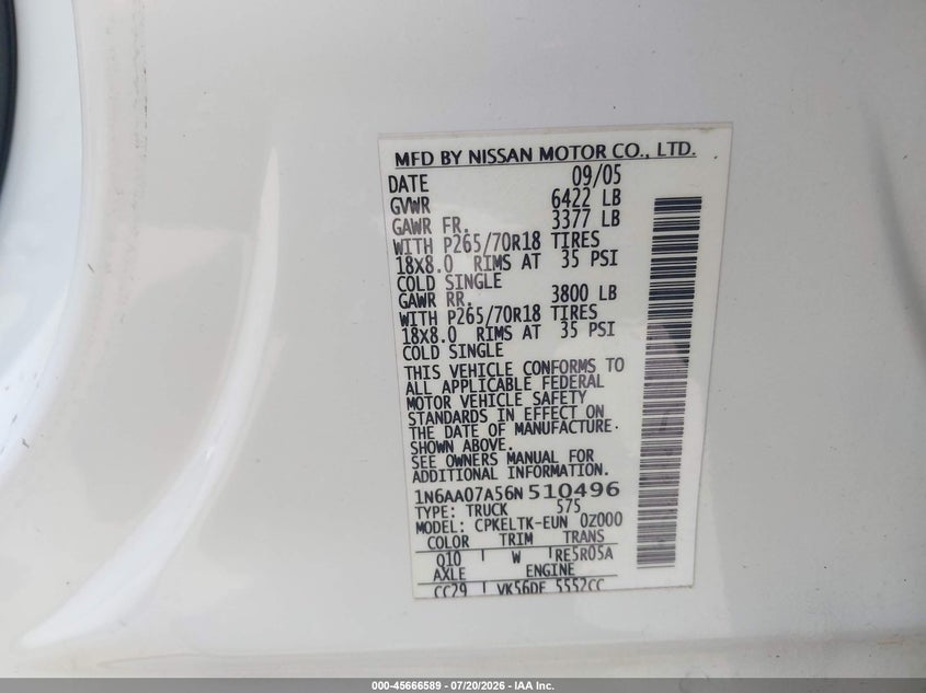 2006 Nissan Titan Se VIN: 1N6AA07A56N510496 Lot: 45666589