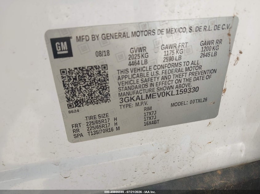 2019 GMC Terrain Sle VIN: 3GKALMEV0KL159330 Lot: 45666599