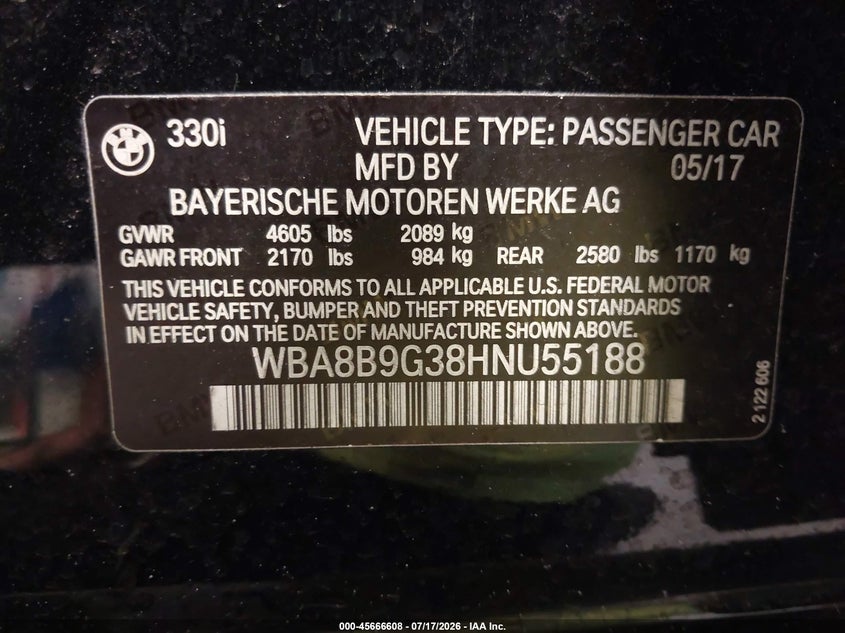 2017 BMW 3 Series 330I VIN: WBA8B9G38HNU55188 Lot: 45666608