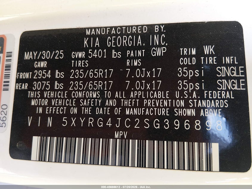 2025 Kia Sorento Lx VIN: 5XYRG4JC2SG396898 Lot: 45666612