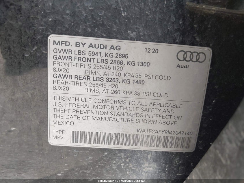 2021 Audi Q5 Premium Plus 55 Tfsi E Quattro S Tronic VIN: WA1E2AFY8M2047140 Lot: 45666615
