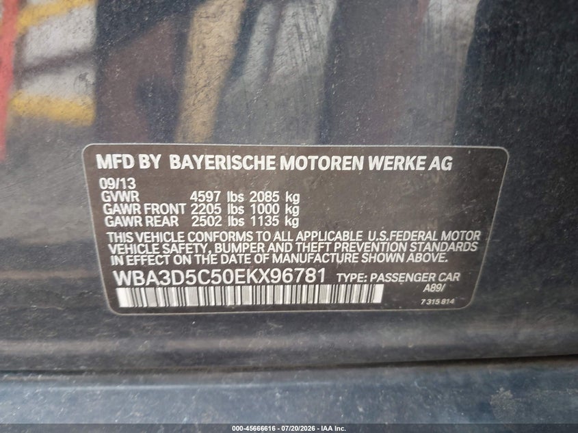 2014 BMW 328D xDrive VIN: WBA3D5C50EKX96781 Lot: 45666616