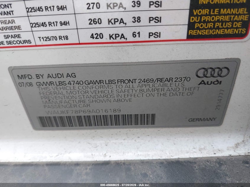 2009 Audi A3 2.0T VIN: WAUKF78P69A016189 Lot: 45666625
