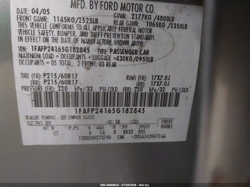 2005 Ford Five Hundred Sel VIN: 1FAFP24165G182845 Lot: 45666633