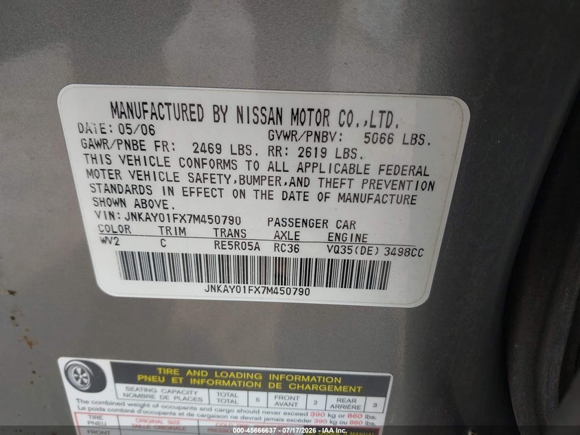 2007 Infiniti M35X VIN: JNKAY01FX7M450790 Lot: 45666637