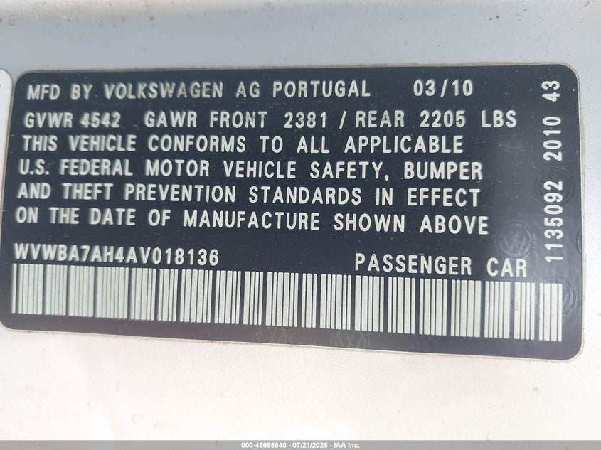 2010 Volkswagen Eos Komfort VIN: WVWBA7AH4AV018136 Lot: 45666640