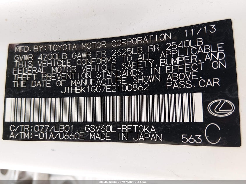 2014 Lexus Es 350 VIN: JTHBK1GG7E2100862 Lot: 45666669