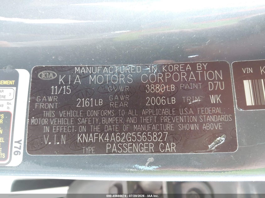 2016 Kia Forte Lx VIN: KNAFK4A62G5565827 Lot: 45666674