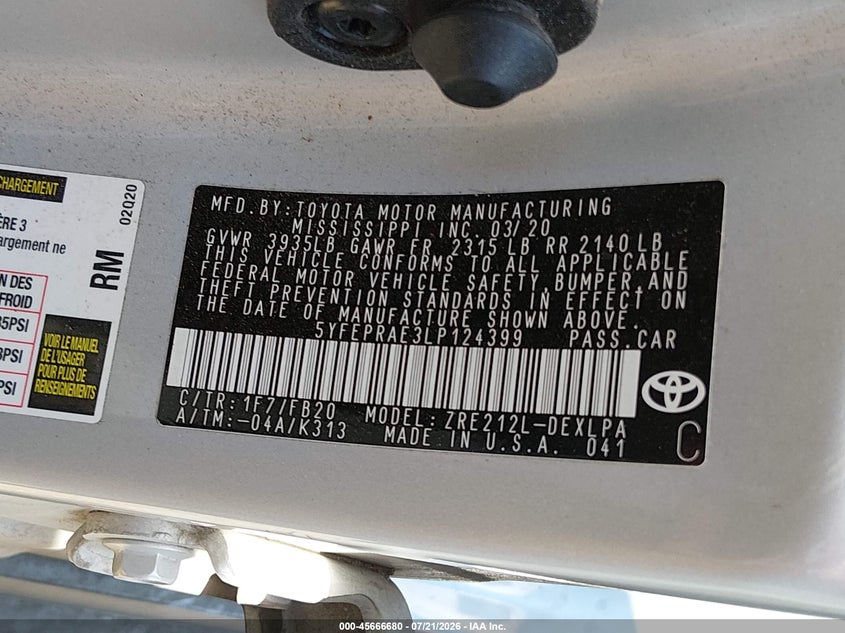 2020 Toyota Corolla Le VIN: 5YFEPRAE3LP124399 Lot: 45666680