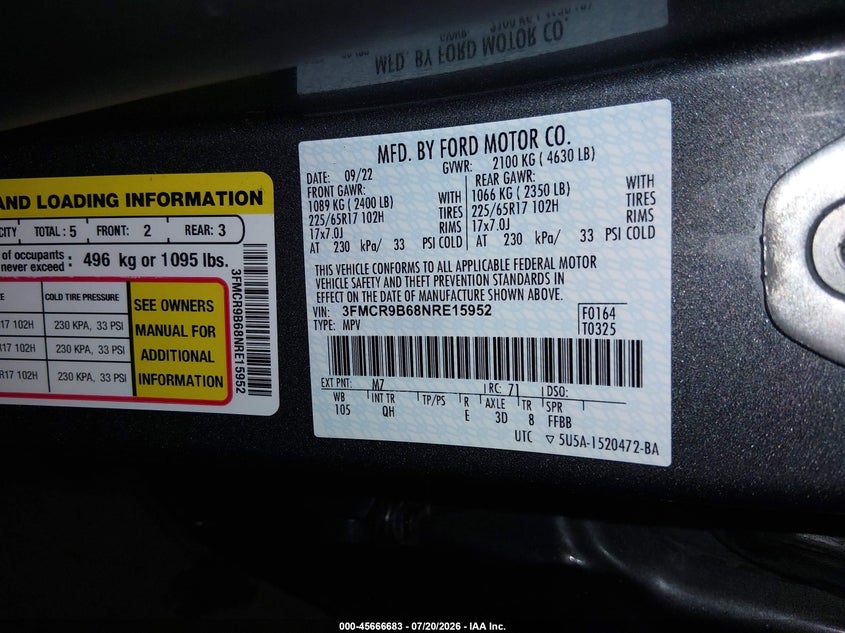 2022 Ford Bronco Sport Big Bend VIN: 3FMCR9B68NRE15952 Lot: 45666683
