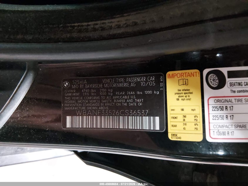 2006 BMW 525Xi VIN: WBANF33526CS36537 Lot: 45666684