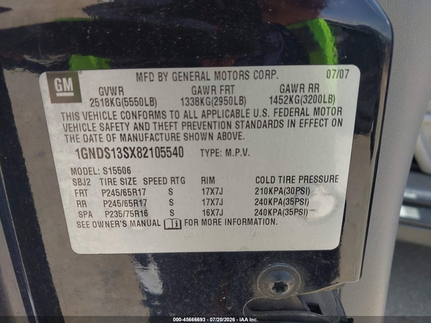 2008 Chevrolet Trailblazer Fleet VIN: 1GNDS13SX82105540 Lot: 45666693