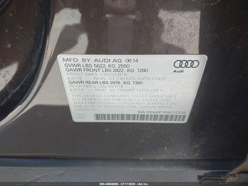 2015 Audi Q5 3.0T Premium Plus VIN: WA1DGAFP1FA012338 Lot: 45666696
