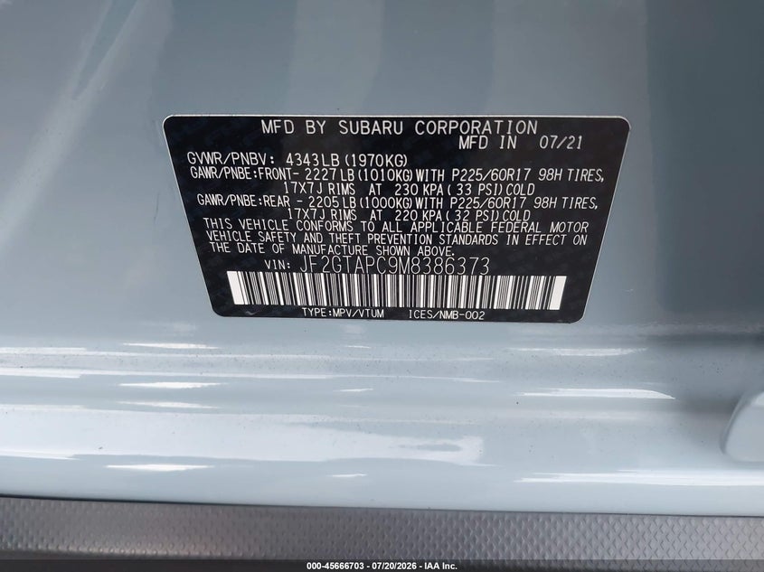 2021 Subaru Crosstrek Premium VIN: JF2GTAPC9M8386373 Lot: 45666703