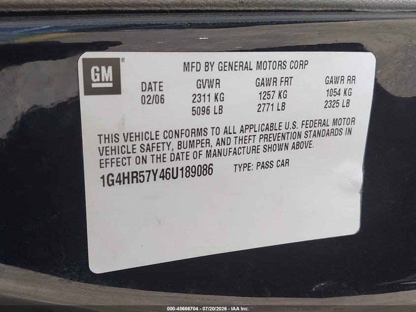 2006 Buick Lucerne Cxl VIN: 1G4HR57Y46U189086 Lot: 45666704