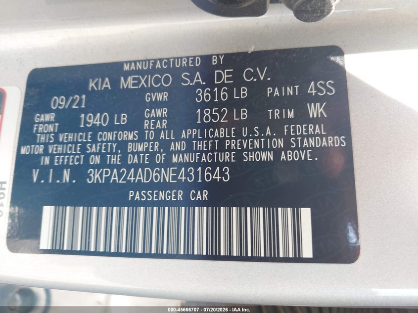 2022 Kia Rio S VIN: 3KPA24AD6NE431643 Lot: 45666707