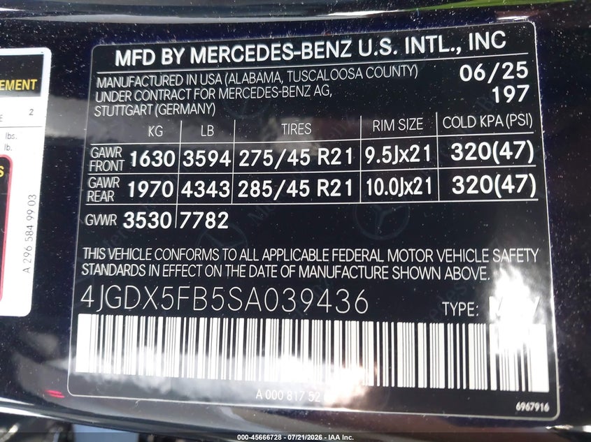 2025 Mercedes-Benz Maybach Eqs 680 Suv 4Matic VIN: 4JGDX5FB5SA039436 Lot: 45666728