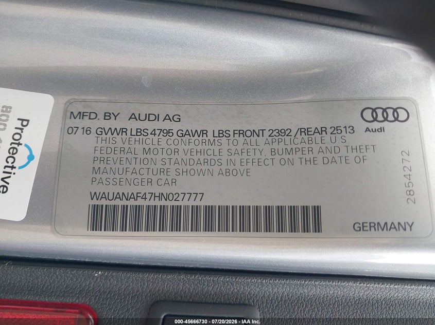 2017 Audi A4 Premium VIN: WAUANAF47HN027777 Lot: 45666730
