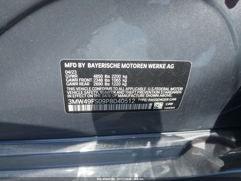 2023 BMW M340I VIN: 3MW49FS09P8D40512 Lot: 45666746