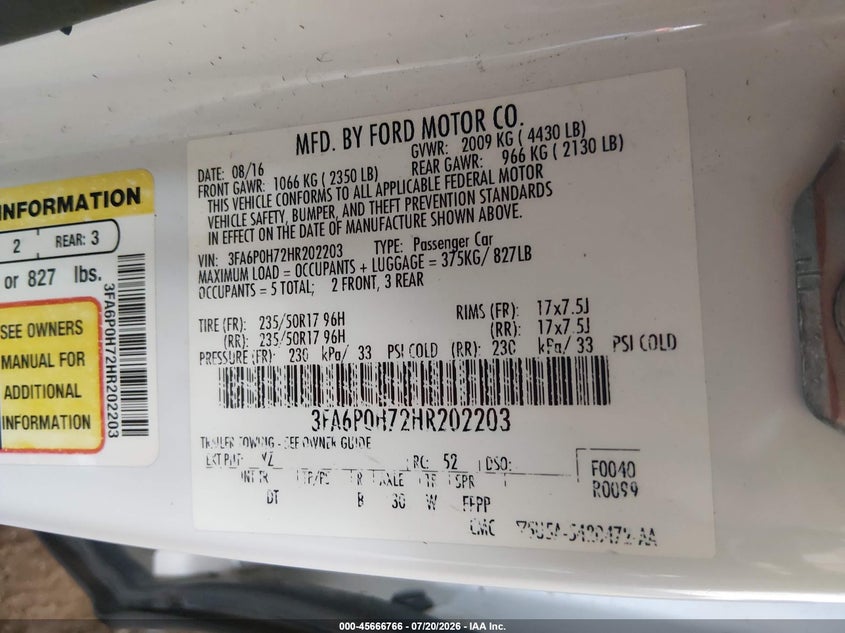 2017 Ford Fusion Se VIN: 3FA6P0H72HR202203 Lot: 45666766
