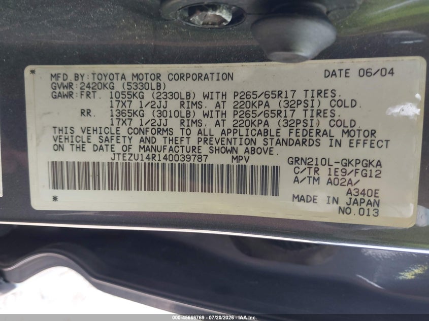 2004 Toyota 4Runner Sr5 V6 VIN: JTEZU14R140039787 Lot: 45666769