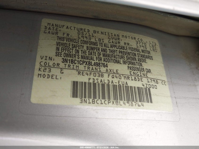 2011 Nissan Versa 1.8S VIN: 3N1BC1CPXBL498764 Lot: 45666771
