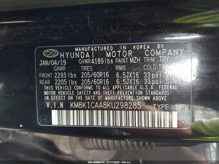 2019 Hyundai Kona Se VIN: KM8K1CAA8KU298285 Lot: 45666774