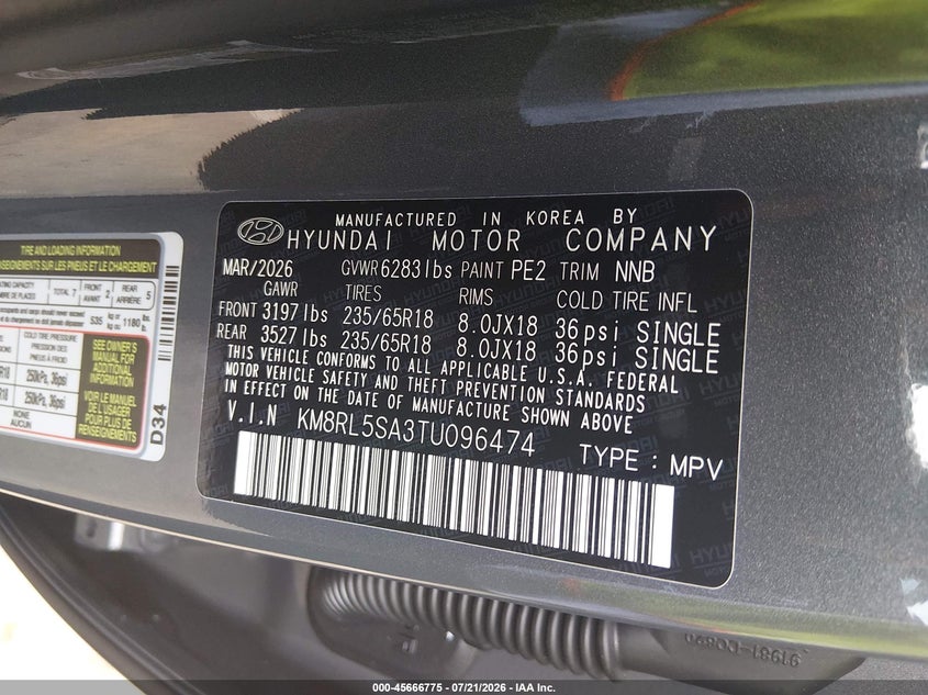 2026 Hyundai Palisade Hev Blue Sel 7P VIN: KM8RL5SA3TU096474 Lot: 45666775