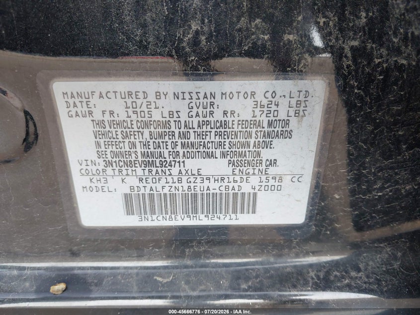 2021 Nissan Versa Sv Xtronic Cvt VIN: 3N1CN8EV9ML924711 Lot: 45666776