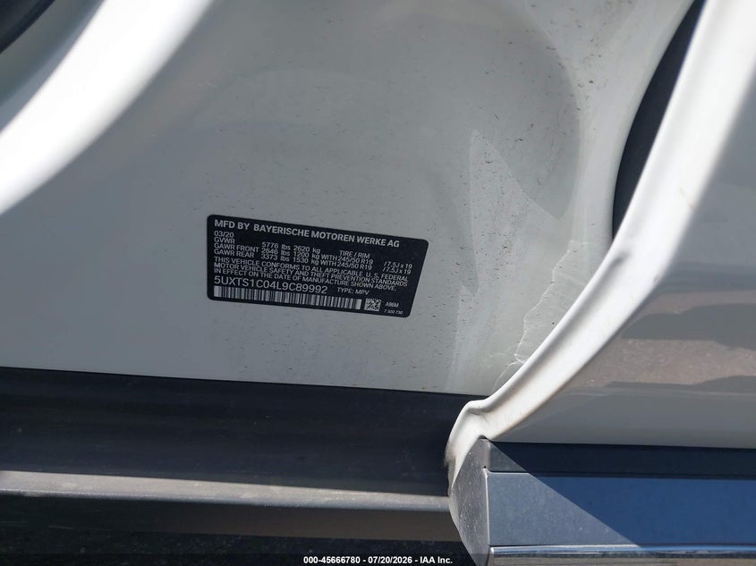 2020 BMW X3 Phev xDrive30E VIN: 5UXTS1C04L9C89992 Lot: 45666780
