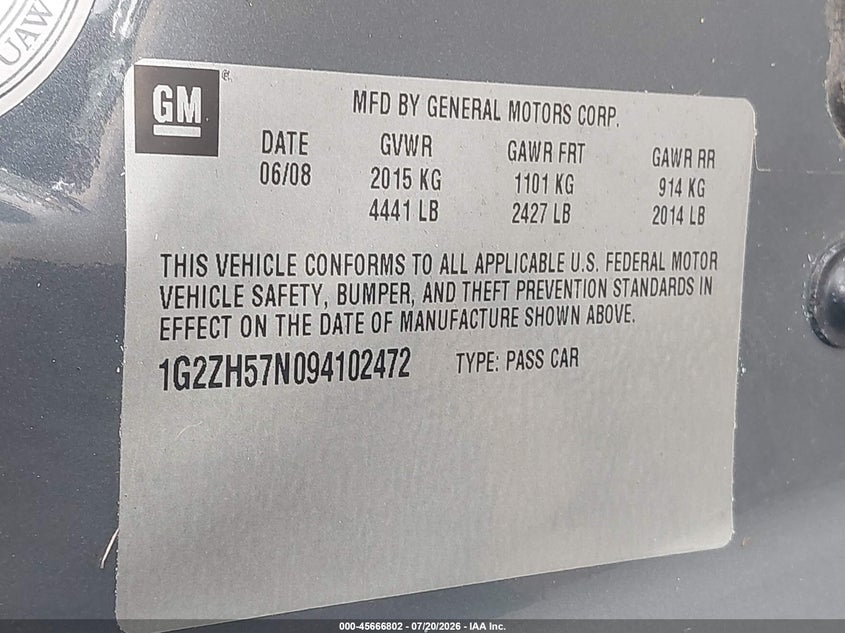 2009 Pontiac G6 Gt VIN: 1G2ZH57N094102472 Lot: 45666802