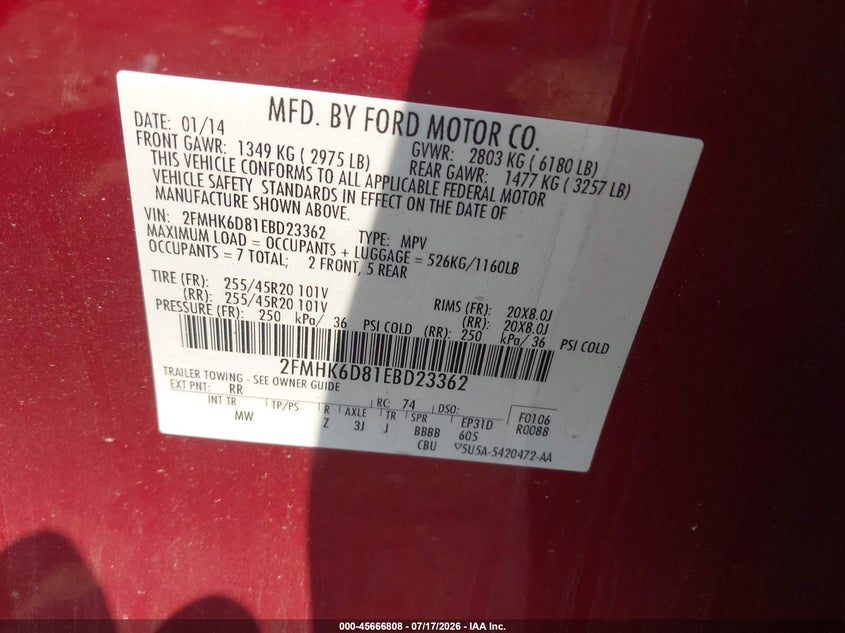 2014 Ford Flex Limited VIN: 2FMHK6D81EBD23362 Lot: 45666808