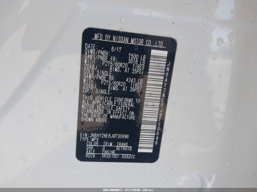 2018 Nissan Armada Platinum VIN: JN8AY2NE6J9730896 Lot: 45666817