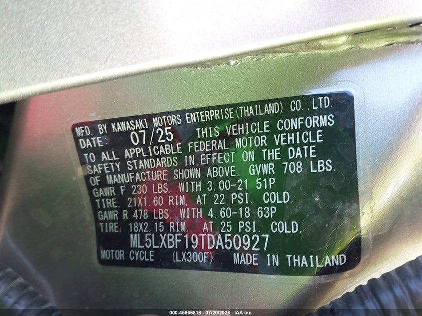 2026 Kawasaki Klx300 F VIN: ML5LXBF19TDA50927 Lot: 45666818